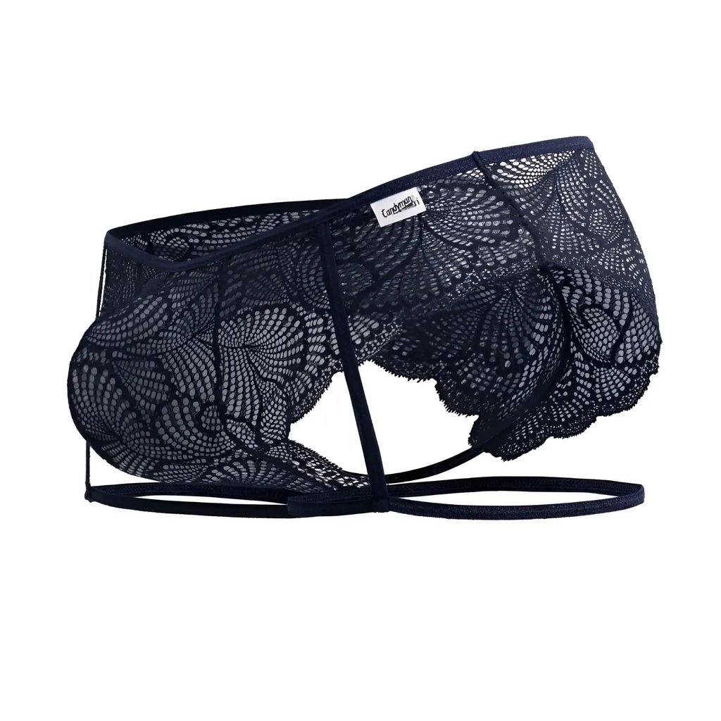 Dark navy lace men’s underwear candyMan 99905 garter lace briefs with intricate floral patterns and strappy design