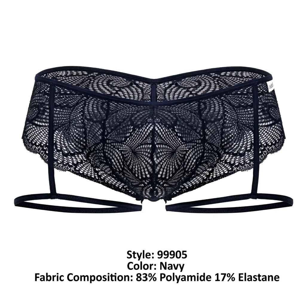 CandyMan 99905 garter lace briefs in navy with intricate floral lace and adjustable straps