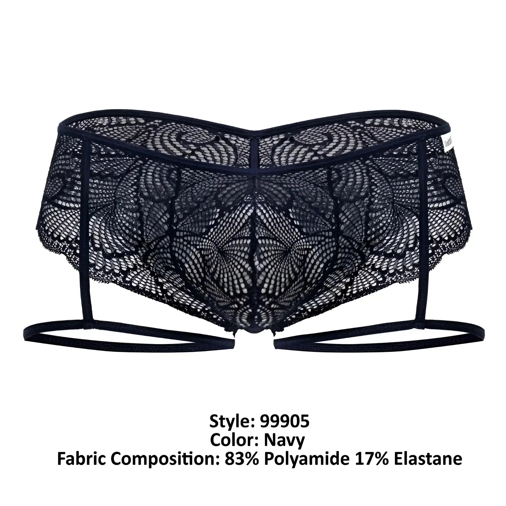 CandyMan 99905 garter lace briefs in navy with intricate floral lace and adjustable straps