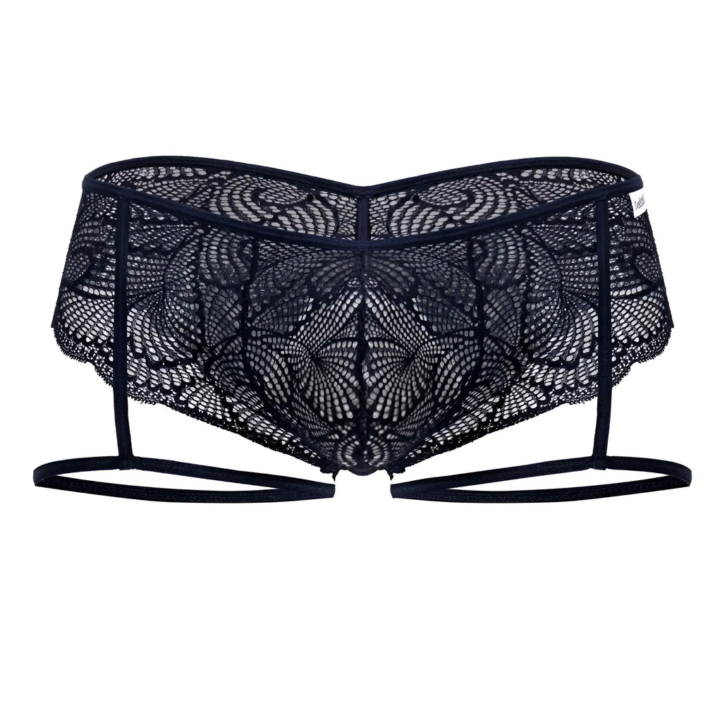 Navy candyMan 99905 garter lace briefs with intricate floral lace patterns and thin straps in black lace material