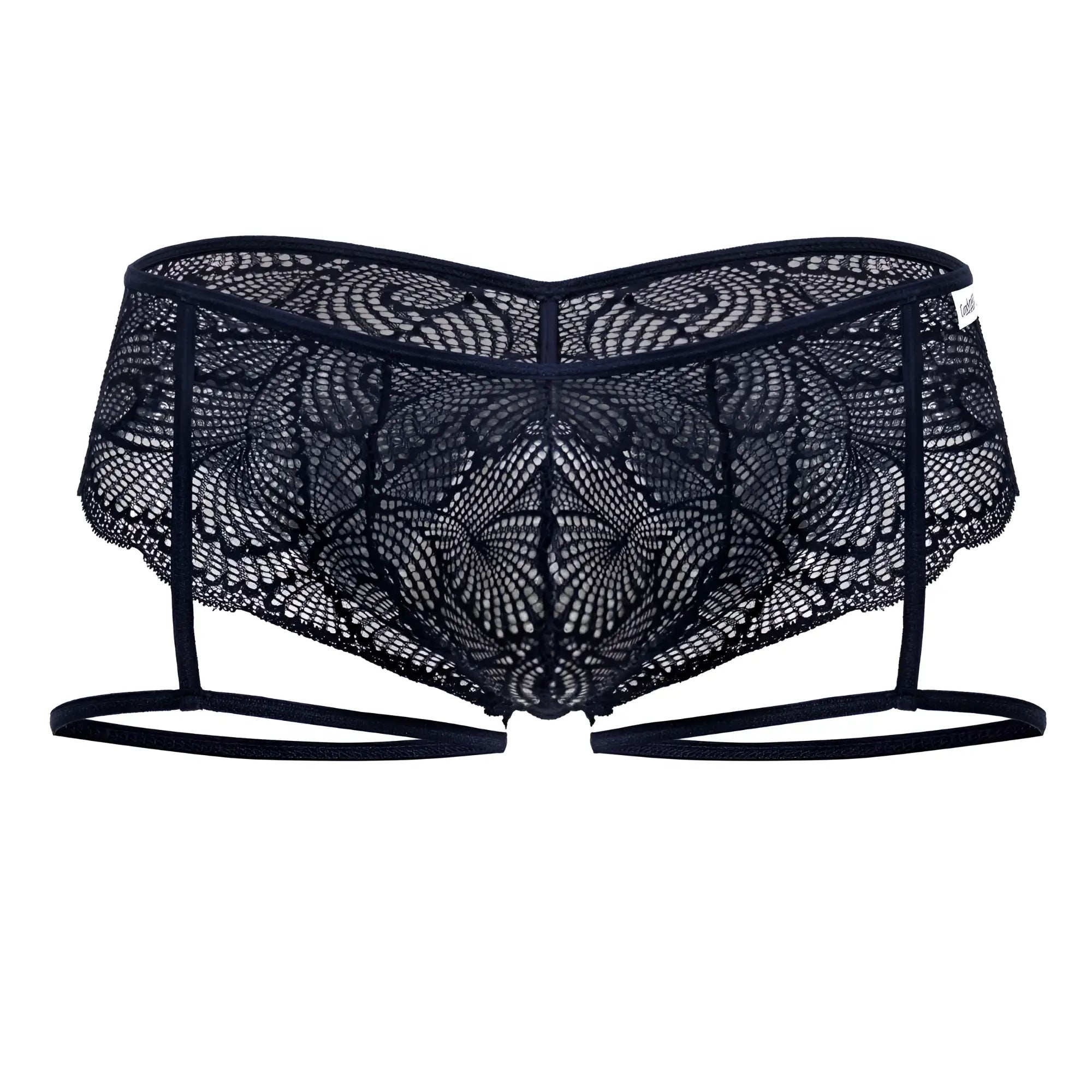 Navy candyMan 99905 garter lace briefs with intricate floral lace patterns and thin straps in black lace material