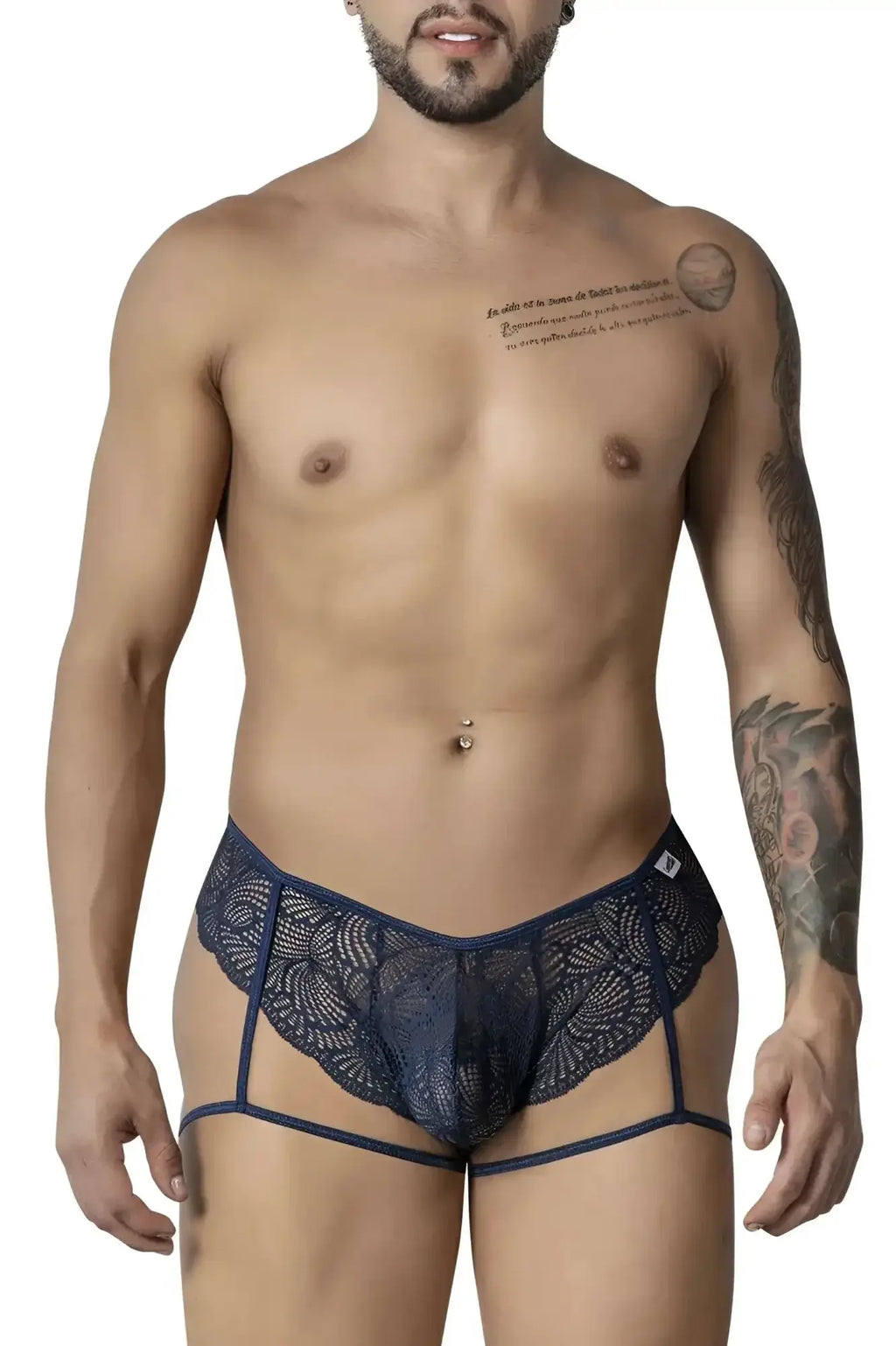 Dark blue lace men’s underwear with patterned design and side straps candyMan 99905 garter lace briefs navy color