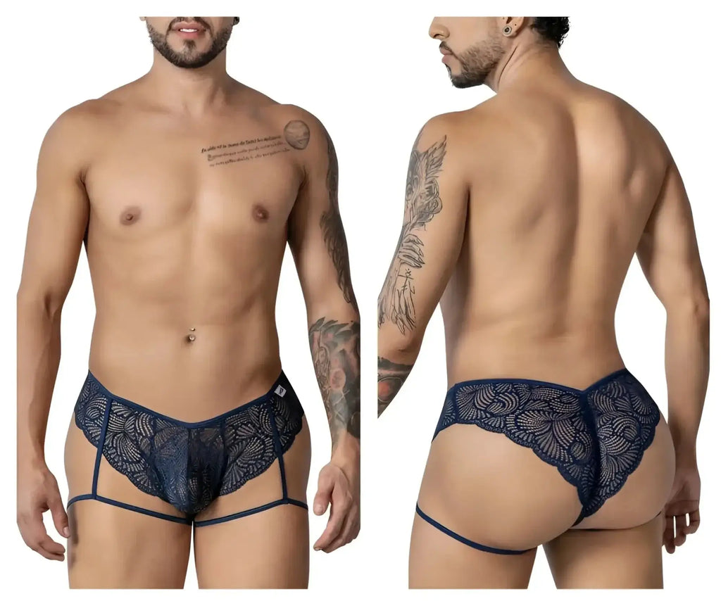Navy blue lace men’s briefs with intricate floral patterns and supportive contoured design CandyMan 99905 Garter Lace Briefs