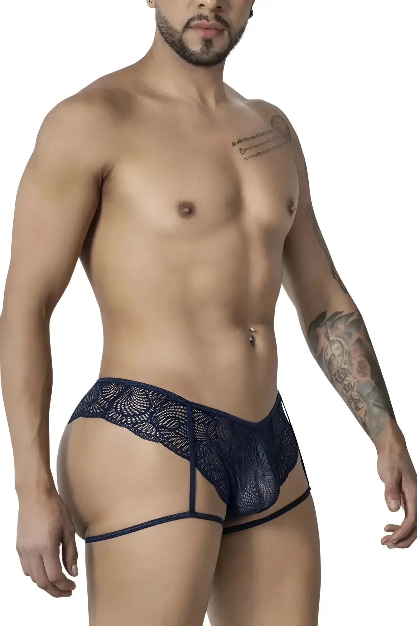 Navy blue candyMan 99905 garter lace thong with intricate floral pattern and supportive side straps front view