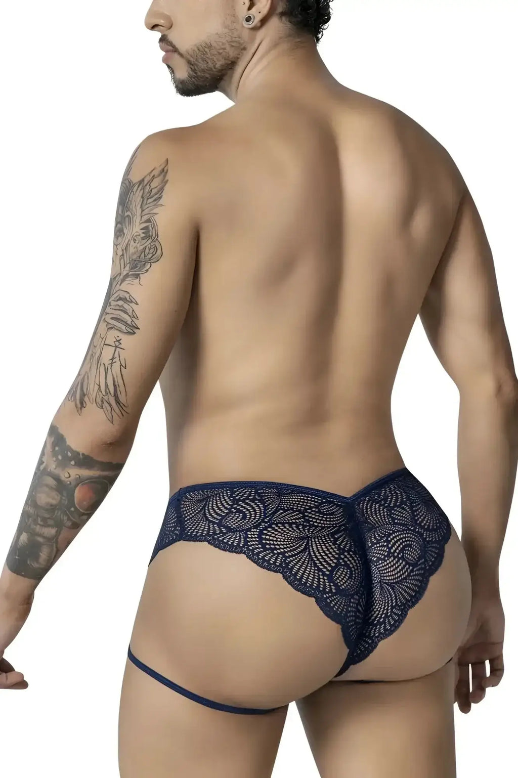 CandyMan 99905 garter lace briefs navy dark blue lace thong with intricate floral patterns and matching waistband