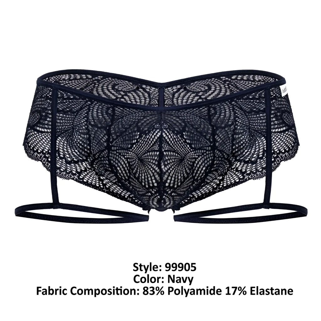 CandyMan 99905 garter lace briefs in navy with intricate floral lace and adjustable straps