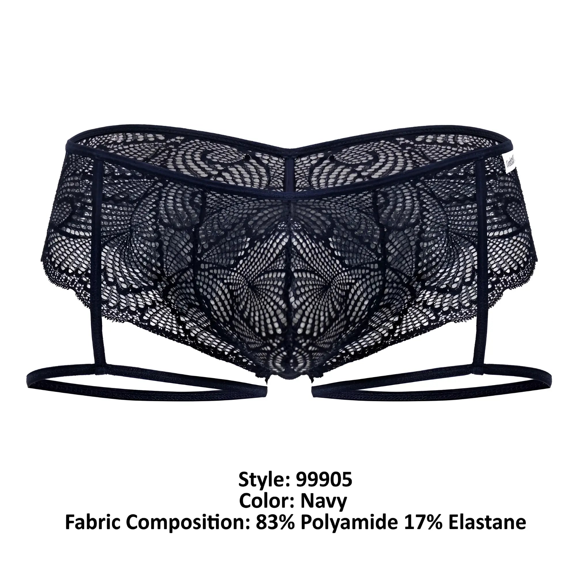 CandyMan 99905 garter lace briefs in navy with intricate floral lace and adjustable straps