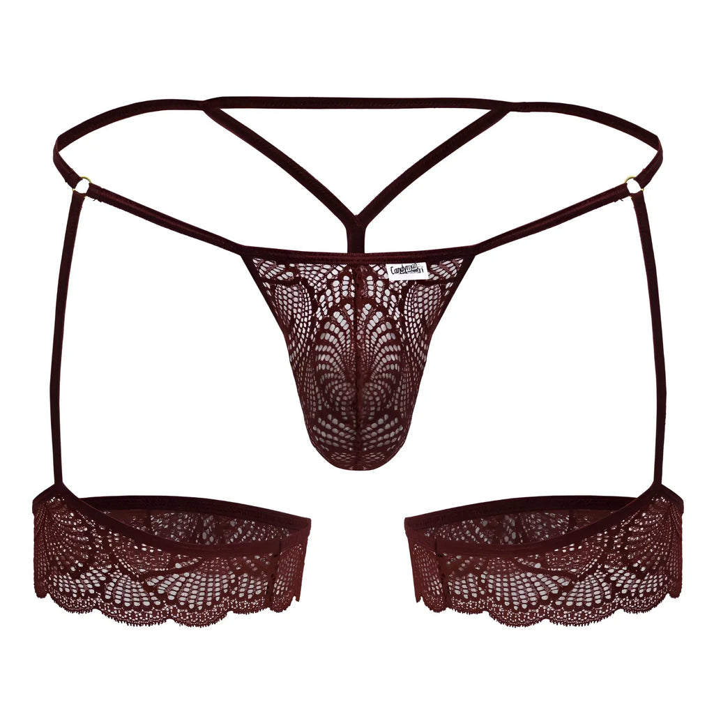 Dark brown lace thong with matching suspenders and scalloped edge detailing from candyman 99906 garter lace thongs burgundy