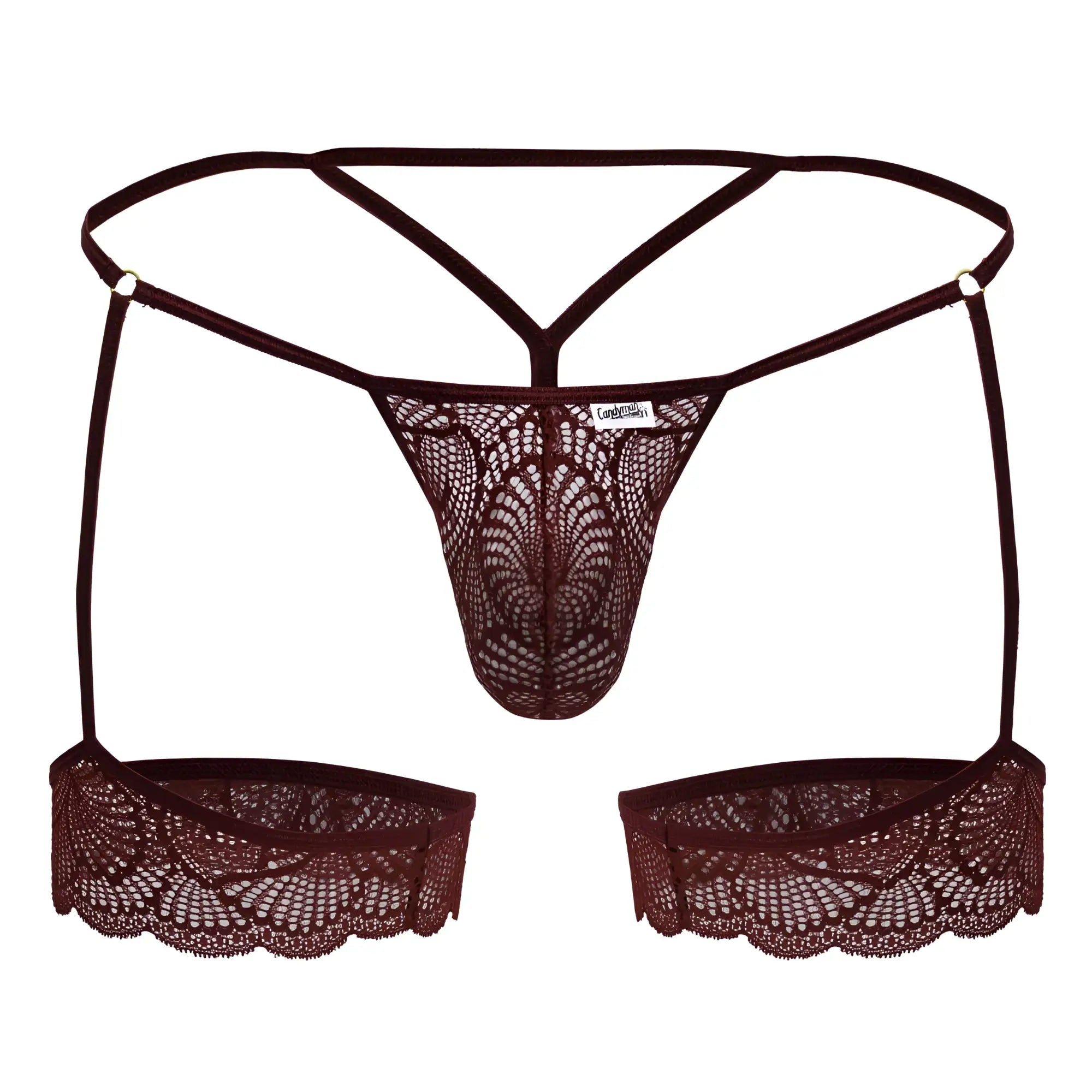 Dark brown lace thong with matching suspenders and scalloped edge detailing from candyman 99906 garter lace thongs burgundy