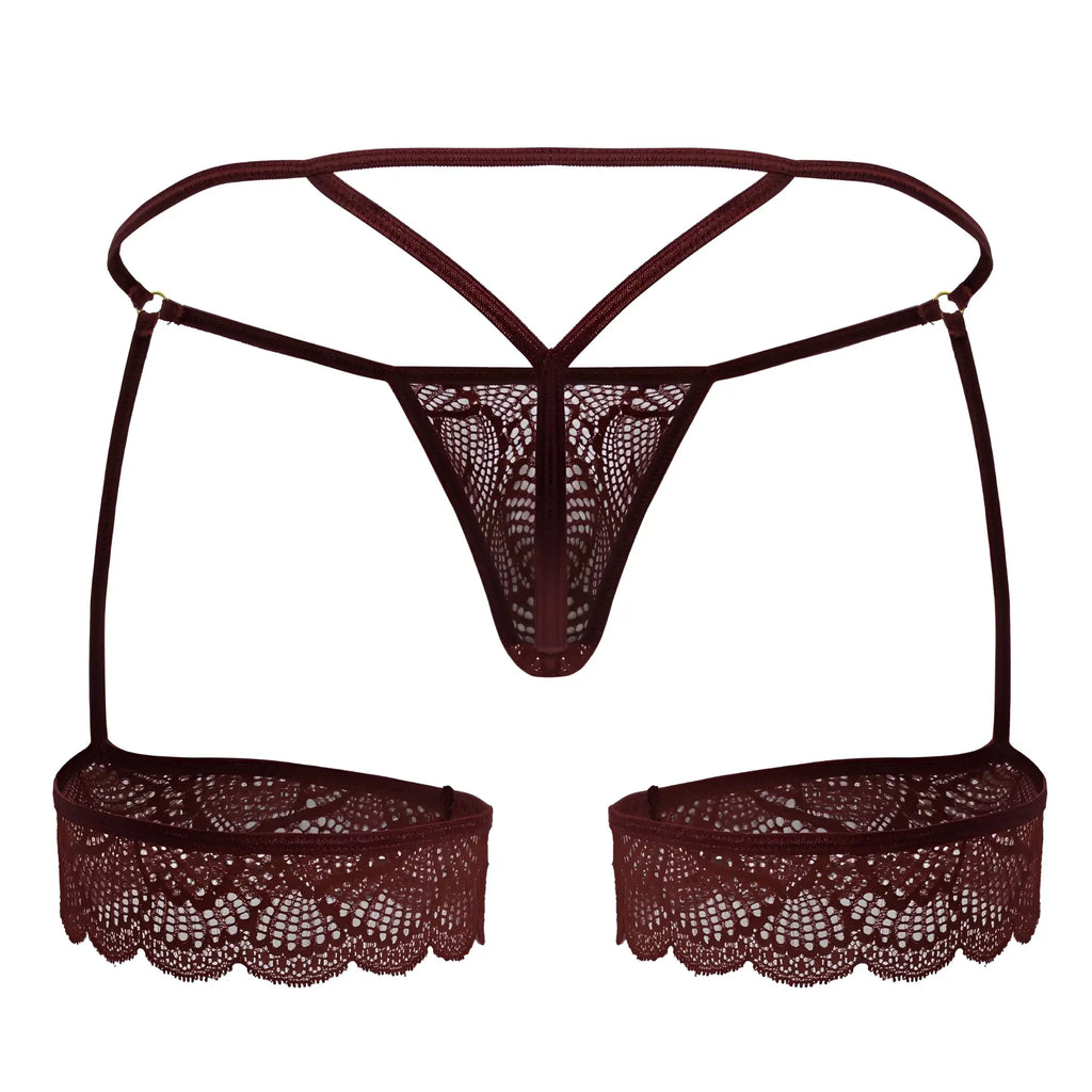 Dark burgundy lace thong with scalloped hem and adjustable straps from candyman 99906 garter lace thongs collection