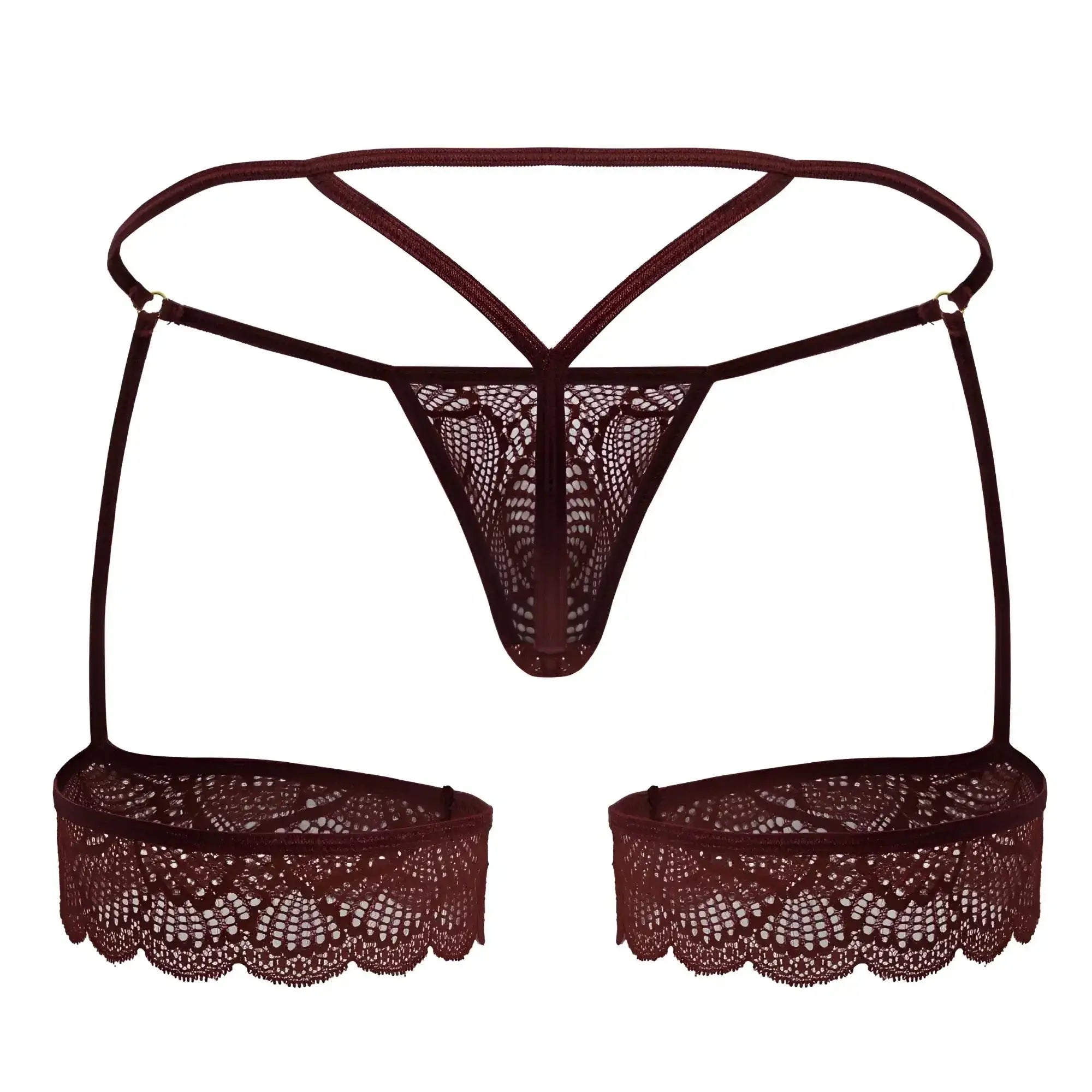 Dark burgundy lace thong with scalloped hem and adjustable straps from candyman 99906 garter lace thongs collection