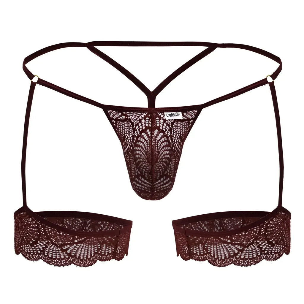 Dark brown lace thong with matching suspenders and scalloped edge detailing from candyman 99906 garter lace thongs burgundy