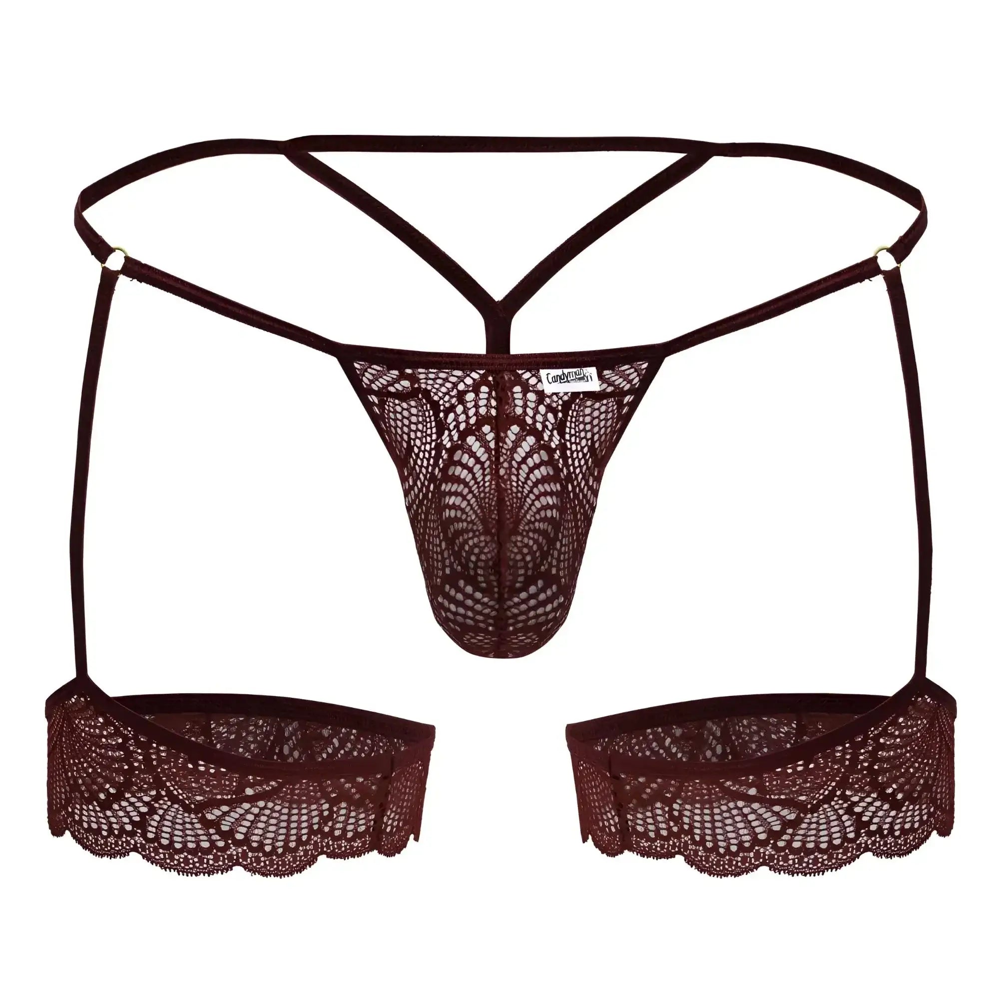 Dark brown lace thong with matching suspenders and scalloped edge detailing from candyman 99906 garter lace thongs burgundy