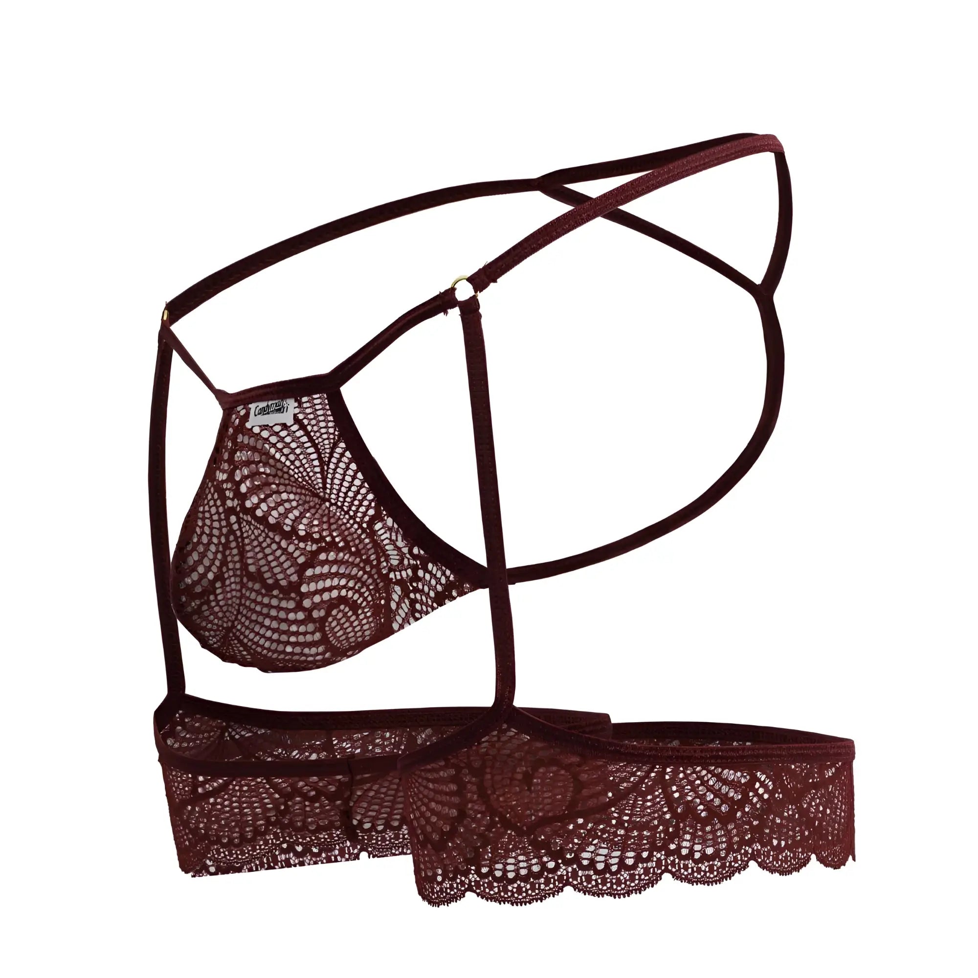 CandyMan 99906 garter lace thongs in burgundy with maroon floral lace and thin adjustable straps front view