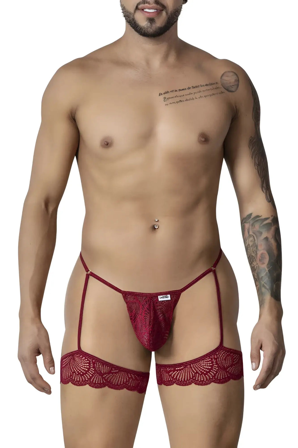 Red lace garter belt with matching thong in burgundy by candyman featuring delicate lace material and elegant design