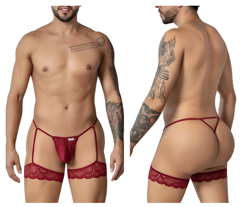 CandyMan 99906 burgundy red lace garter belt with matching thong featuring decorative scalloped edges
