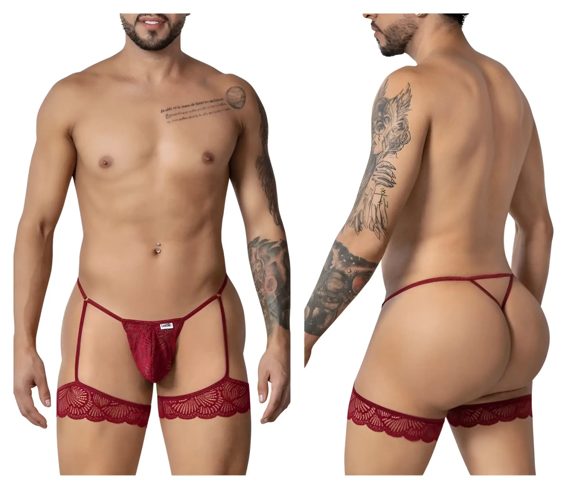 CandyMan 99906 burgundy red lace garter belt with matching thong featuring decorative scalloped edges