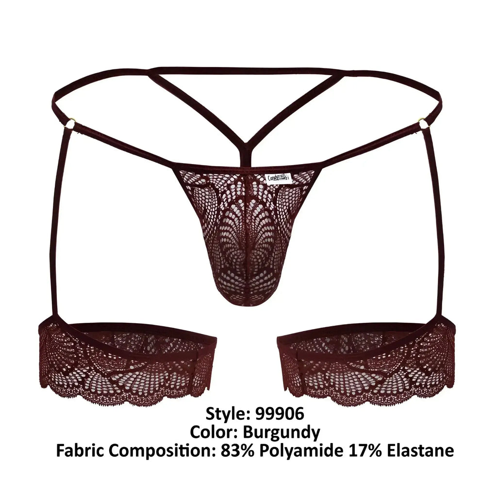 Burgundy lace thong with matching suspenders and scalloped edges from candyman 99906 garter lace thongs collection