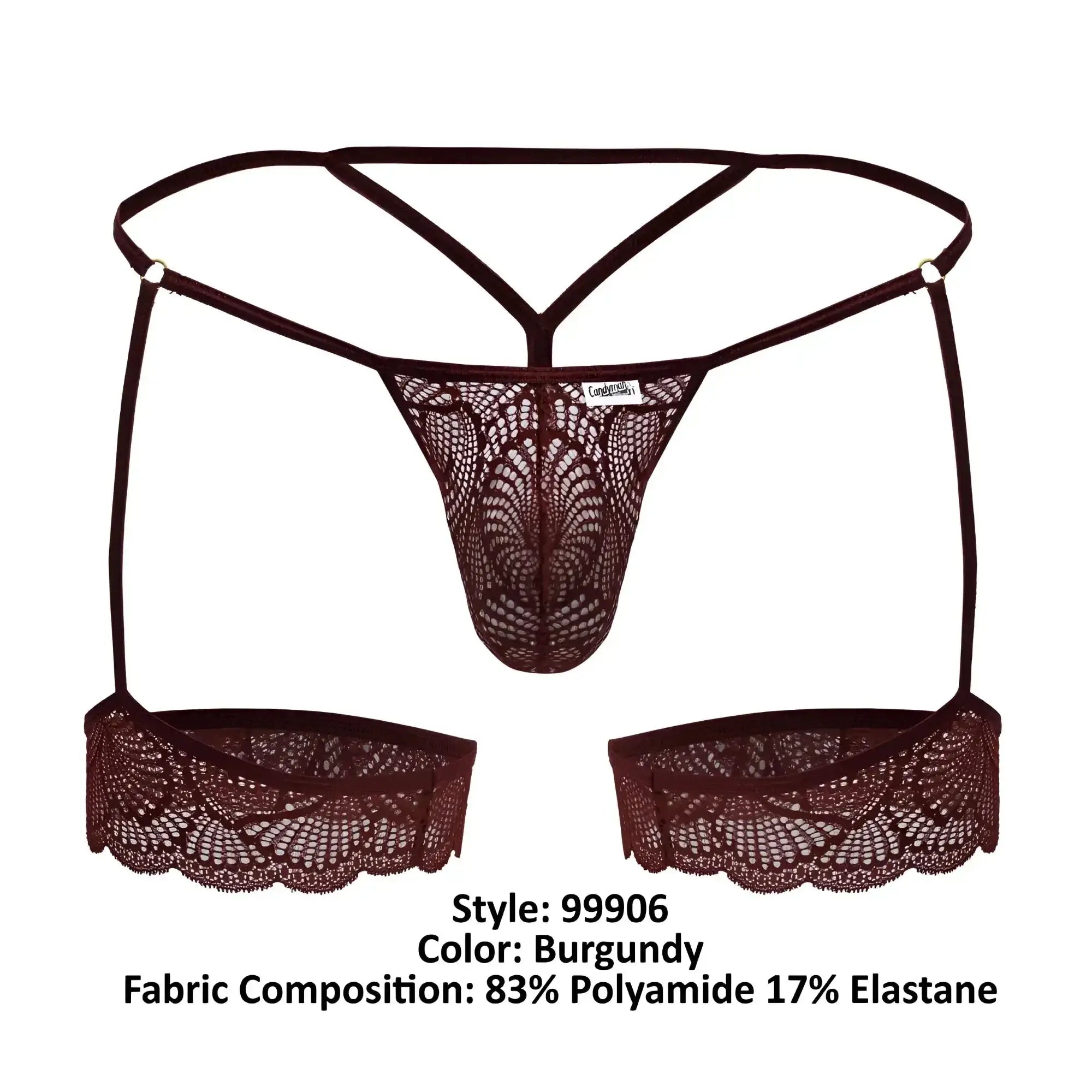 Burgundy lace thong with matching suspenders and scalloped edges from candyman 99906 garter lace thongs collection