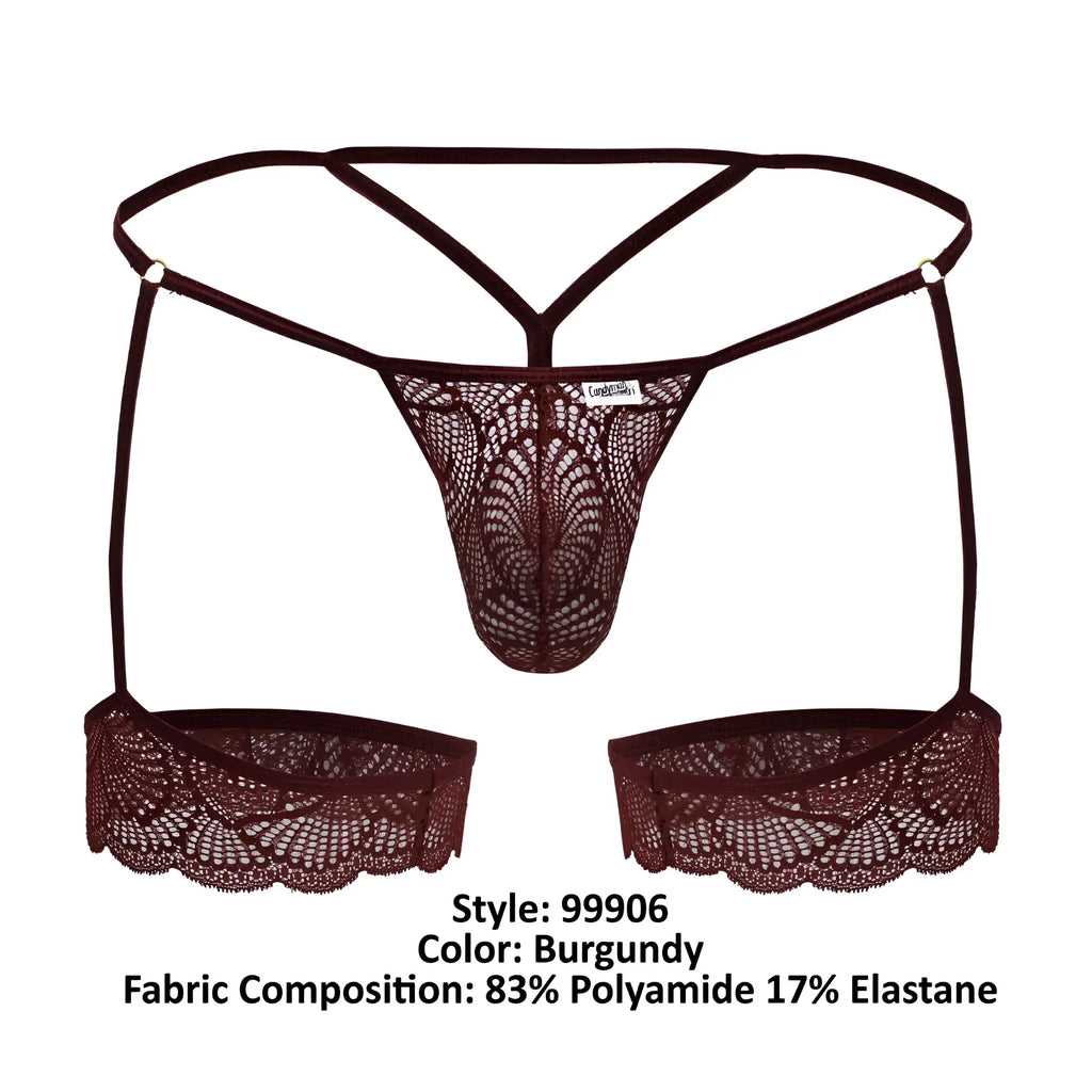 Burgundy lace thong with matching suspenders and scalloped edges from candyman 99906 garter lace thongs collection