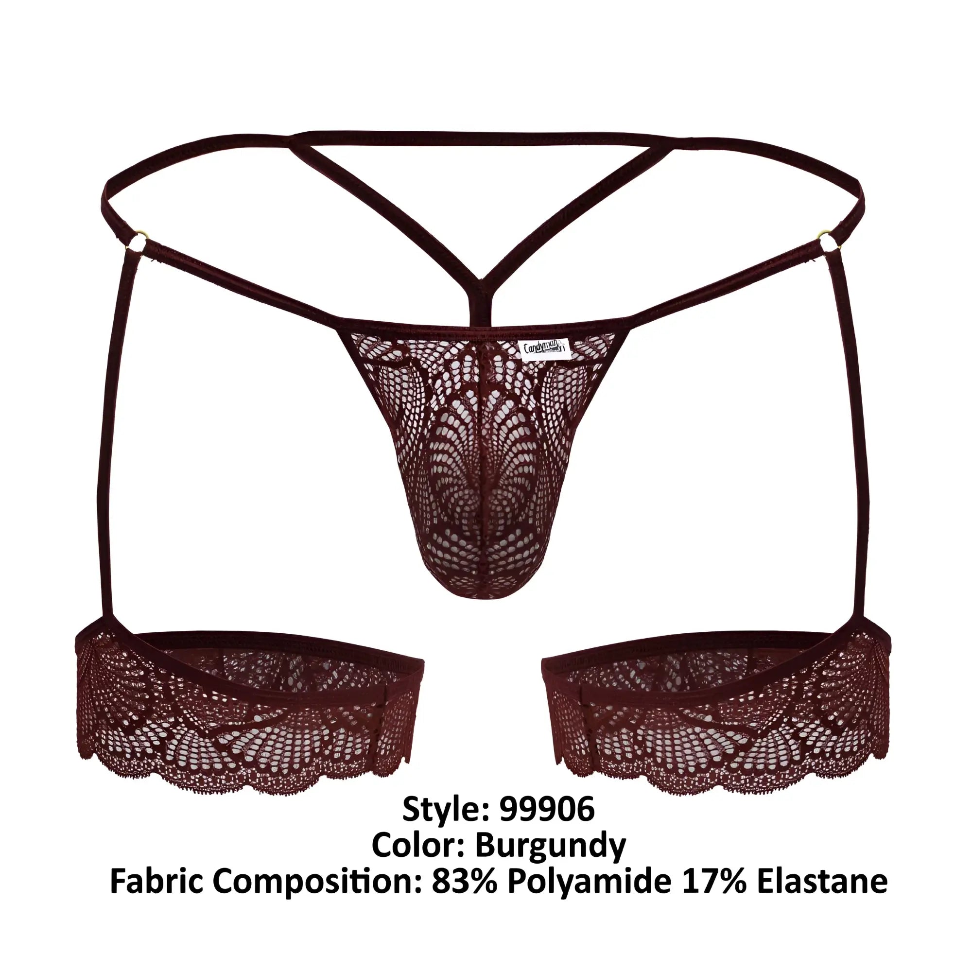 Burgundy lace thong with matching suspenders and scalloped edges from candyman 99906 garter lace thongs collection