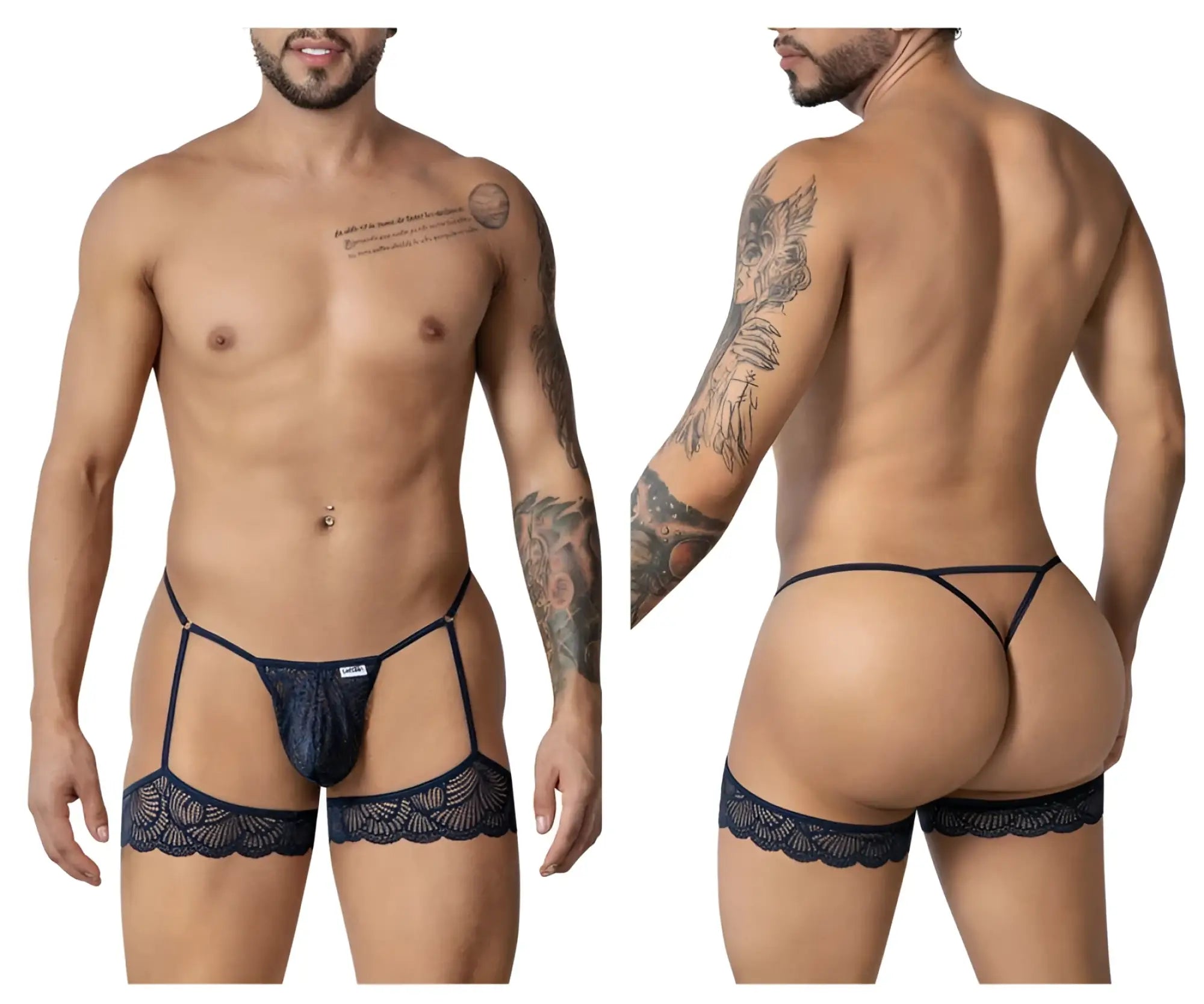 Black lace garter belt with matching thong and leg straps in navy from candyman 99906 collection