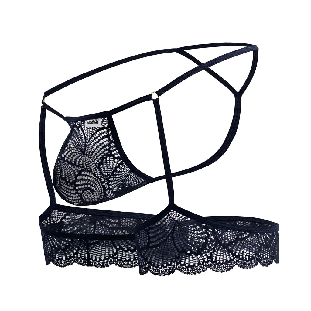 CandyMan 99906 navy lace thongs with intricate black floral patterns and delicate scalloped edges in a lingerie set