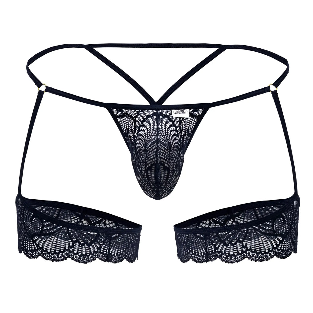 CandyMan 99906 navy lace thong with intricate floral patterns and scalloped edge in black lace material