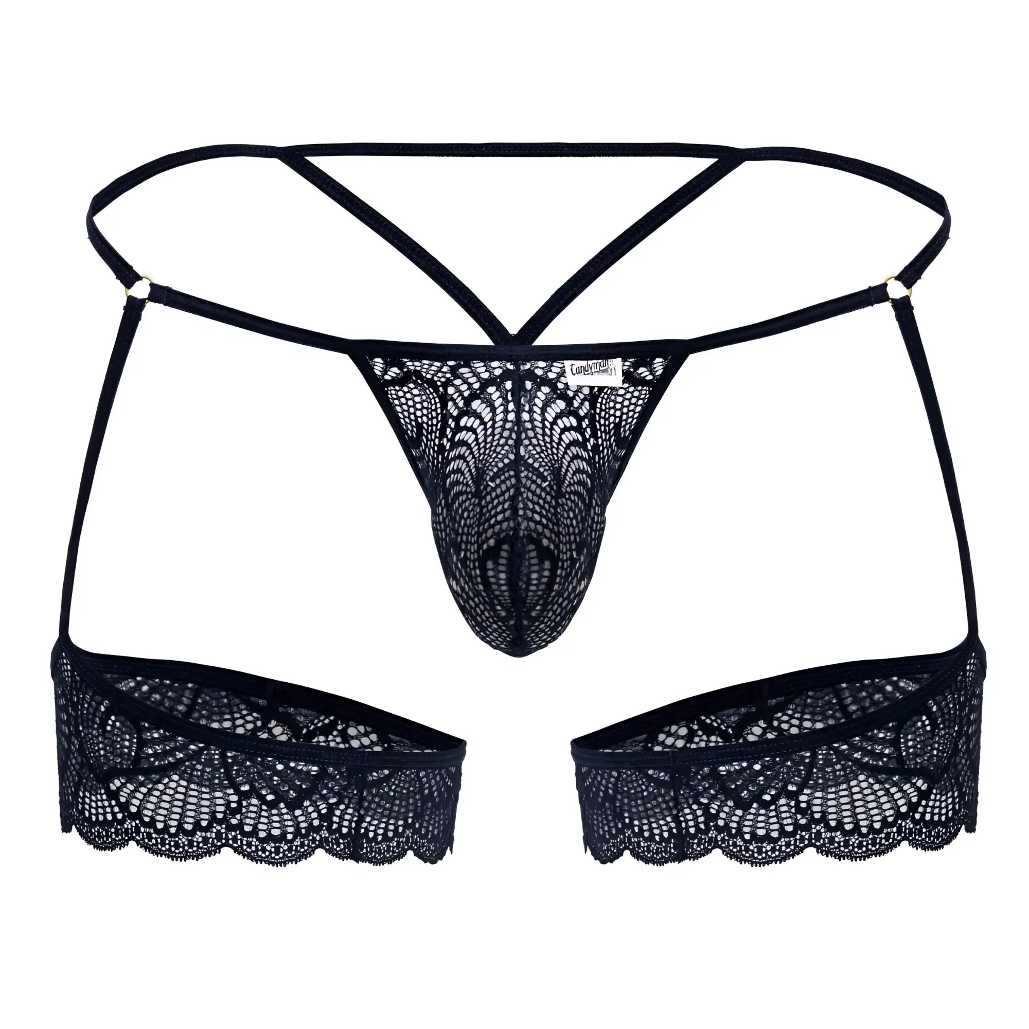 CandyMan 99906 navy lace thong with intricate floral patterns and scalloped edge in black lace material