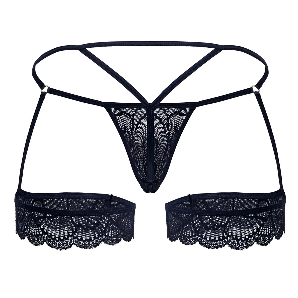 Navy candyMan 99906 garter lace thong featuring intricate black floral lace patterns and matching side panels