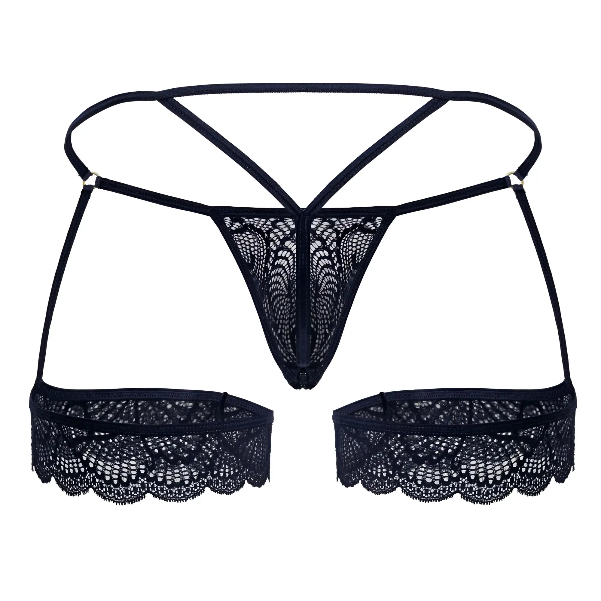 Navy candyMan 99906 garter lace thong featuring intricate black floral lace patterns and matching side panels