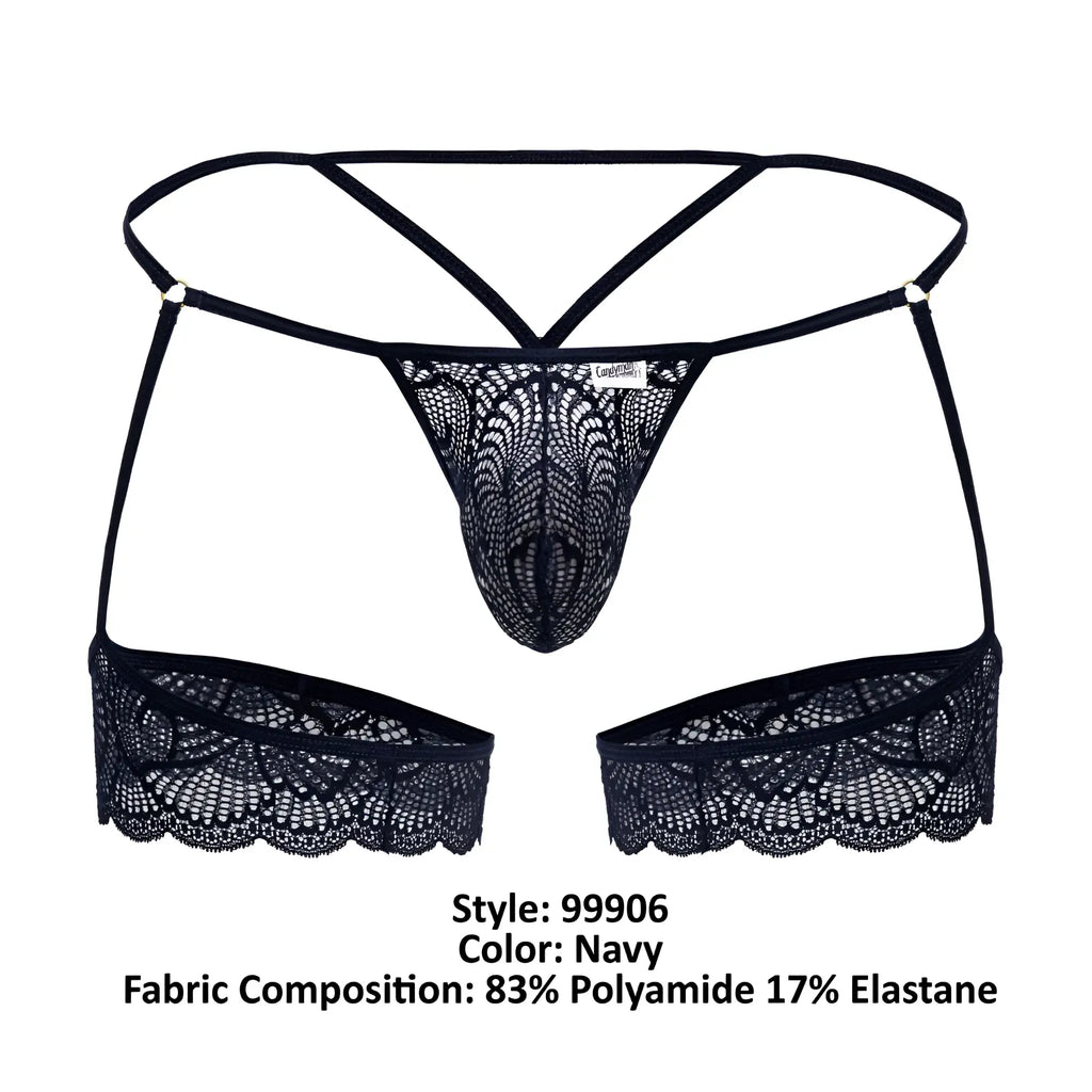 Navy candyMan 99906 garter lace thong with intricate floral patterns and adjustable straps front view