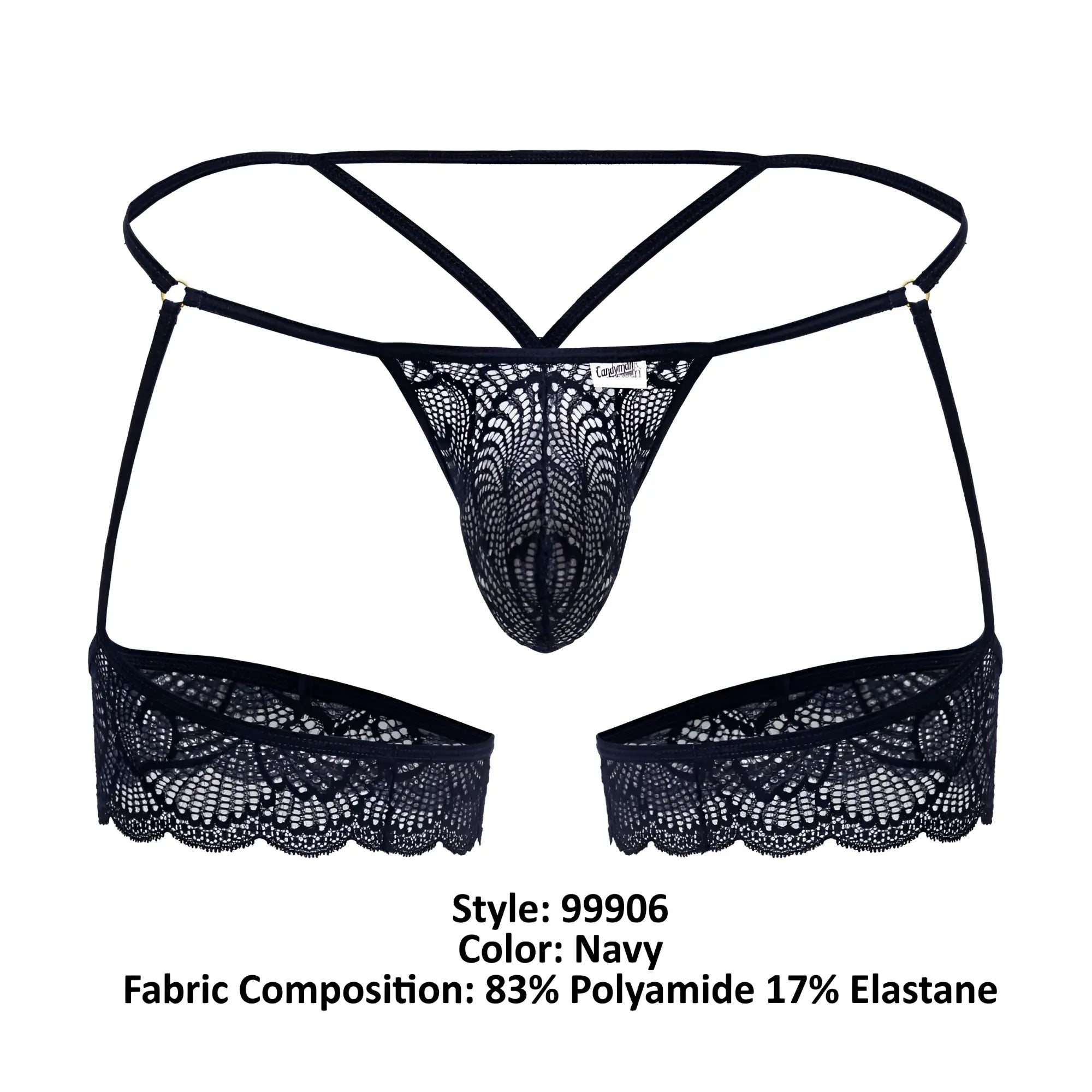 Navy candyMan 99906 garter lace thong with intricate floral patterns and adjustable straps front view