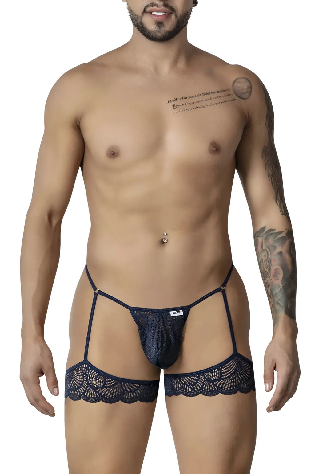 CandyMan 99906 navy garter lace thong with dark blue lace garter belt featuring floral patterns and adjustable straps