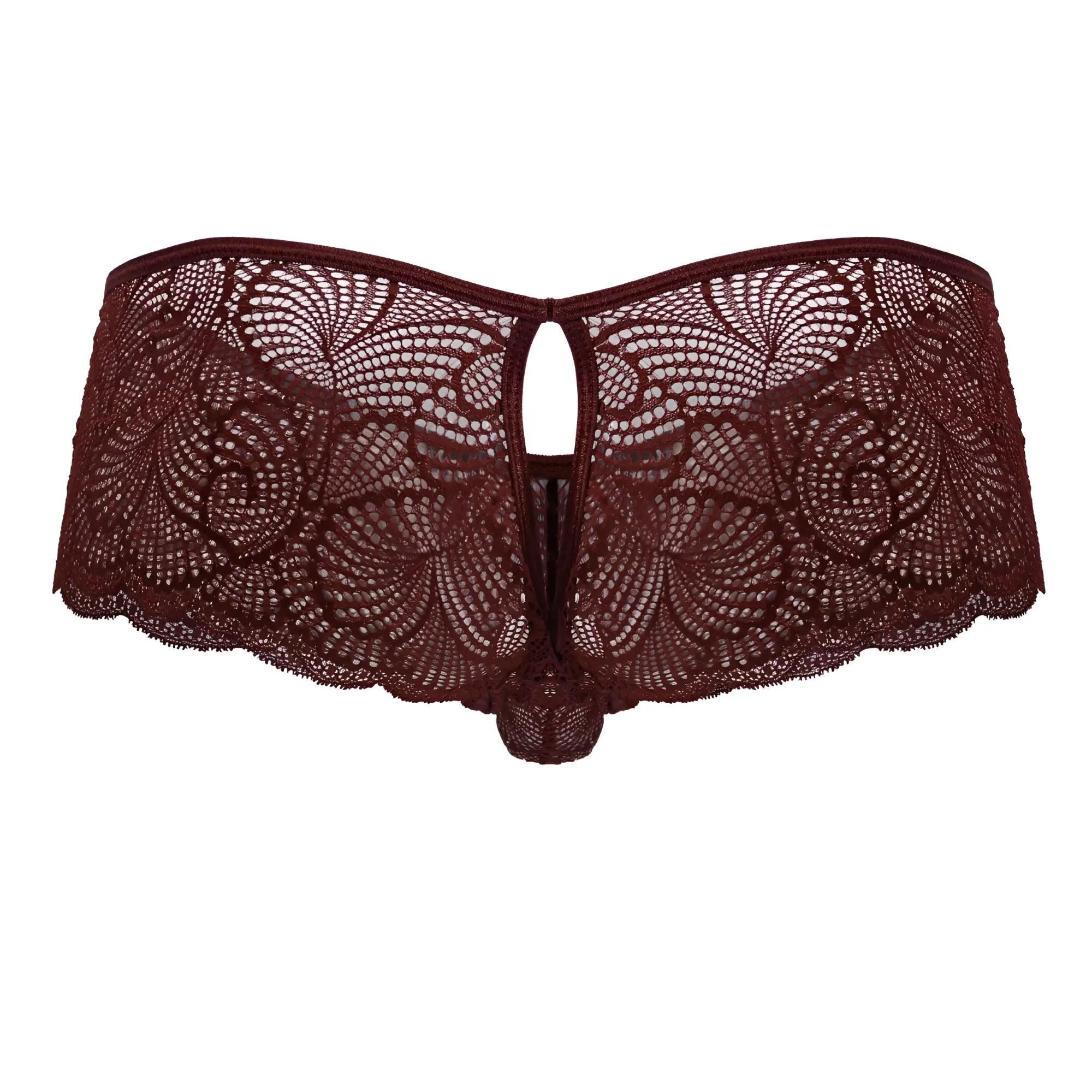 CandyMan 99907 lace trunks in burgundy featuring a maroon lace thong with intricate floral patterns and scalloped edges