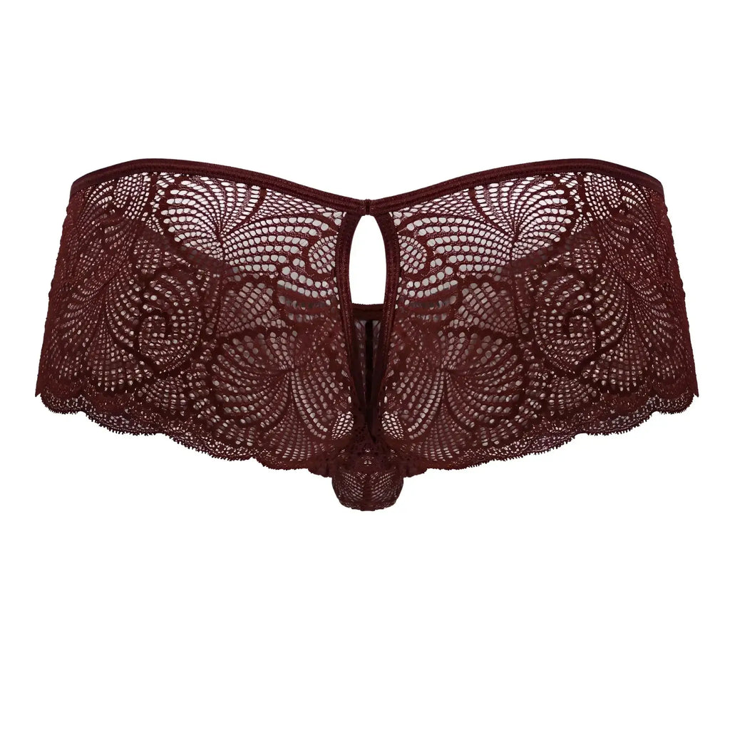 CandyMan 99907 lace trunks in burgundy featuring a maroon lace thong with intricate floral patterns and scalloped edges