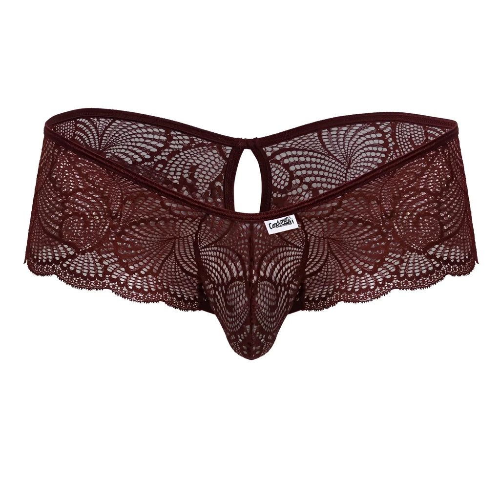 CandyMan 99907 lace trunks in burgundy featuring maroon lace thong with intricate floral patterns and scalloped edge