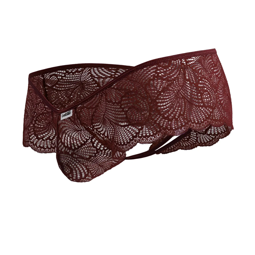 CandyMan 99907 lace trunks burgundy featuring maroon lace with intricate floral patterns and scalloped edges