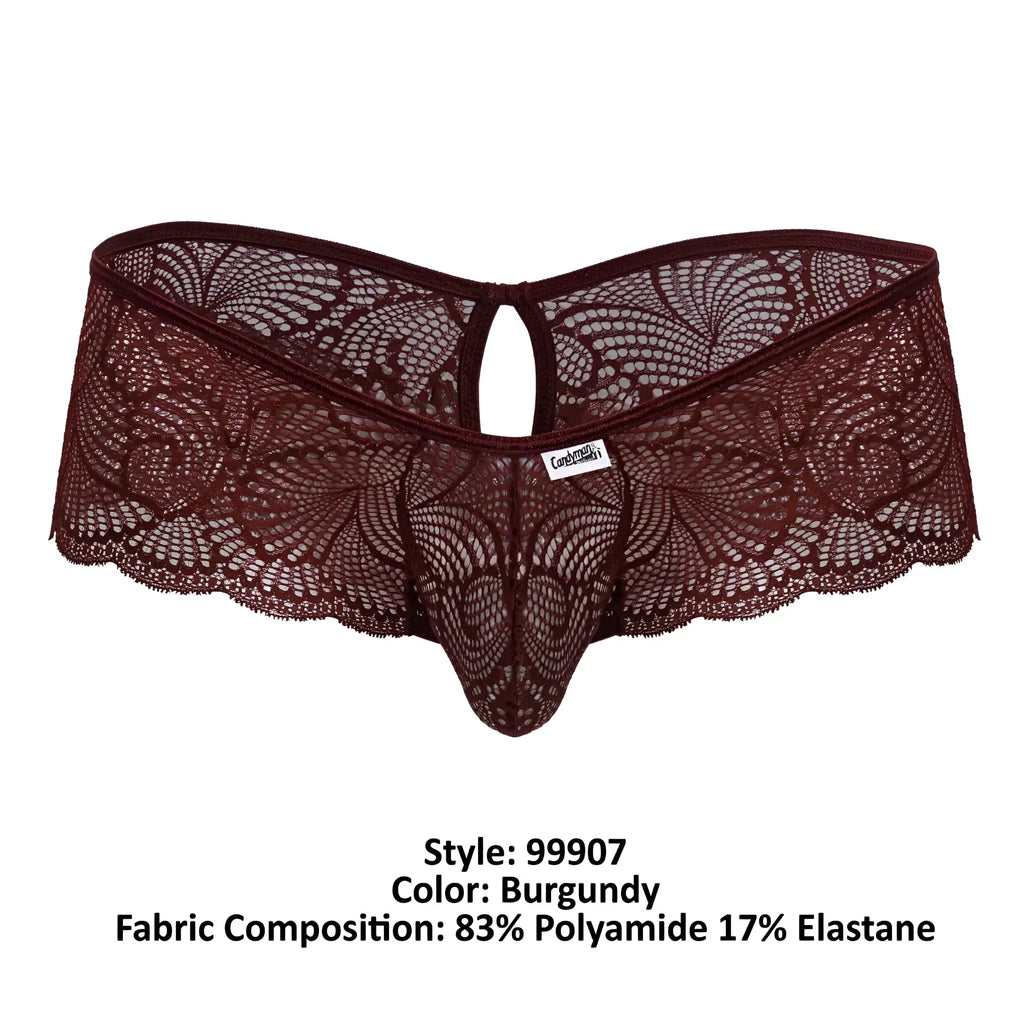 CandyMan 99907 lace trunks in burgundy feature intricate floral patterns and a central cutout design on men’s underwear
