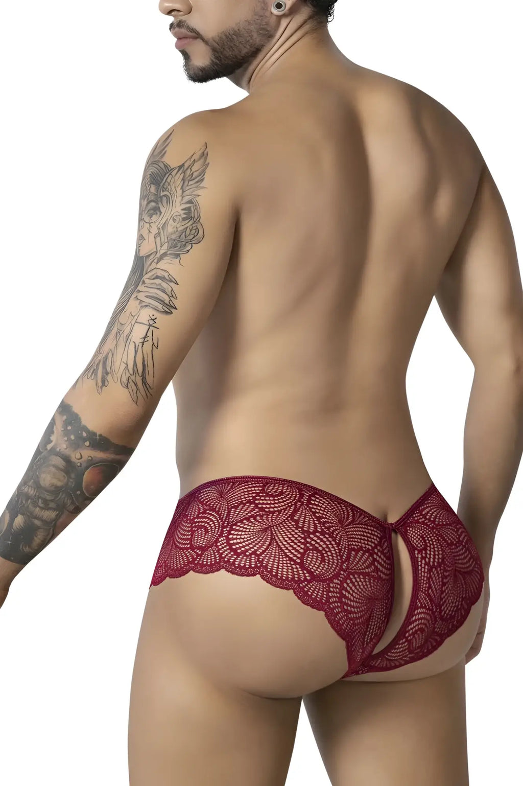 CandyMan 99907 lace trunks in burgundy showing red lace briefs with delicate floral pattern and open back design