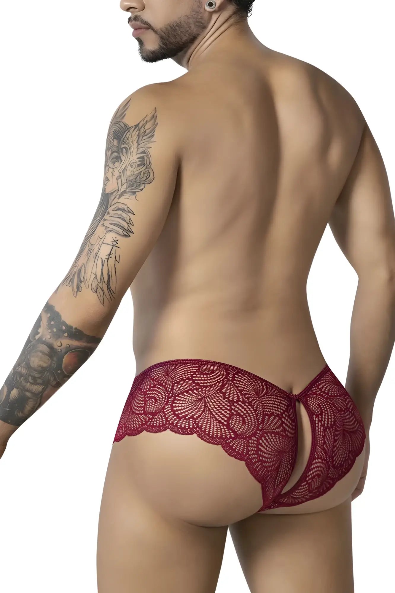 CandyMan 99907 lace trunks in burgundy showing red lace briefs with delicate floral pattern and open back design
