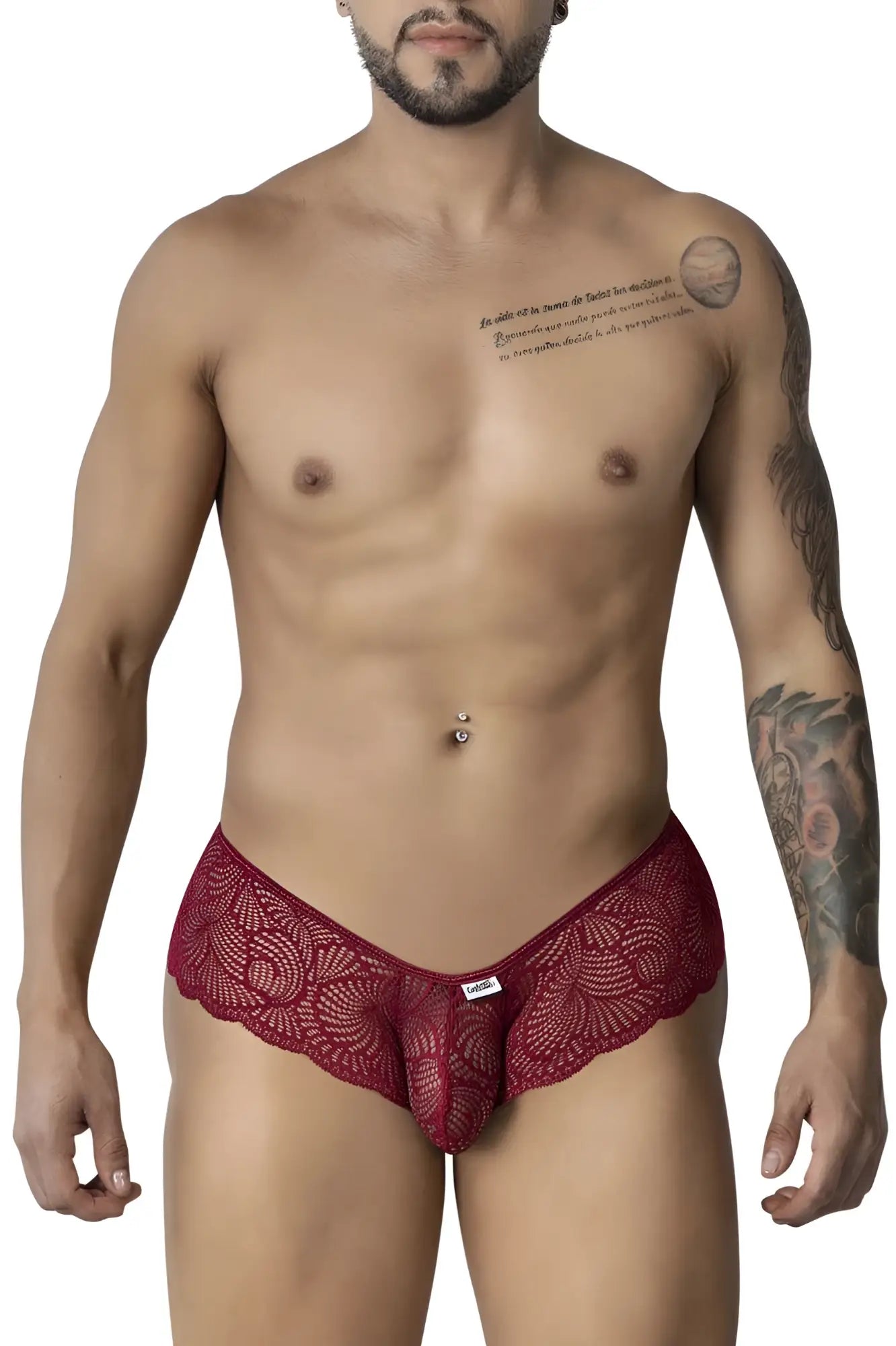 CandyMan 99907 lace trunks in burgundy red featuring intricate floral lace and a central pouch design for men