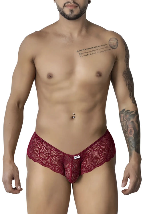 CandyMan 99907 lace trunks in burgundy red featuring intricate floral lace and a central pouch design for men