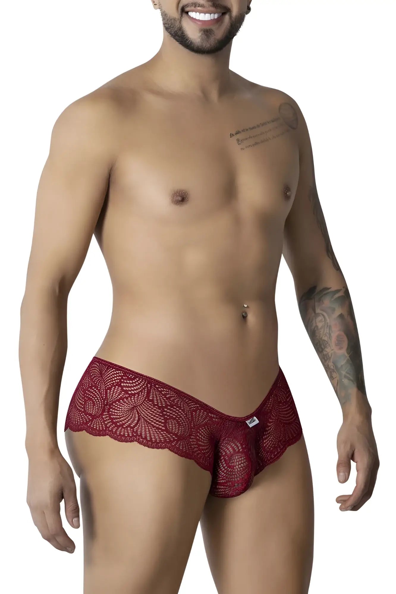 CandyMan 99907 burgundy men’s lace trunks with scalloped edge and intricate red lace pattern