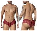 Back view of candyman 99907 burgundy red lace men’s trunks with scalloped edge and open back design