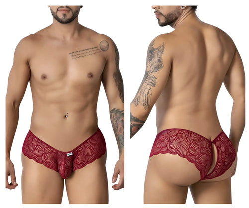 Back view of candyman 99907 burgundy red lace men’s trunks with scalloped edge and open back design