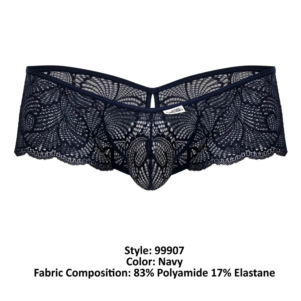 Navy lace trunks for men with intricate floral patterns and central mesh design by CandyMan 99907