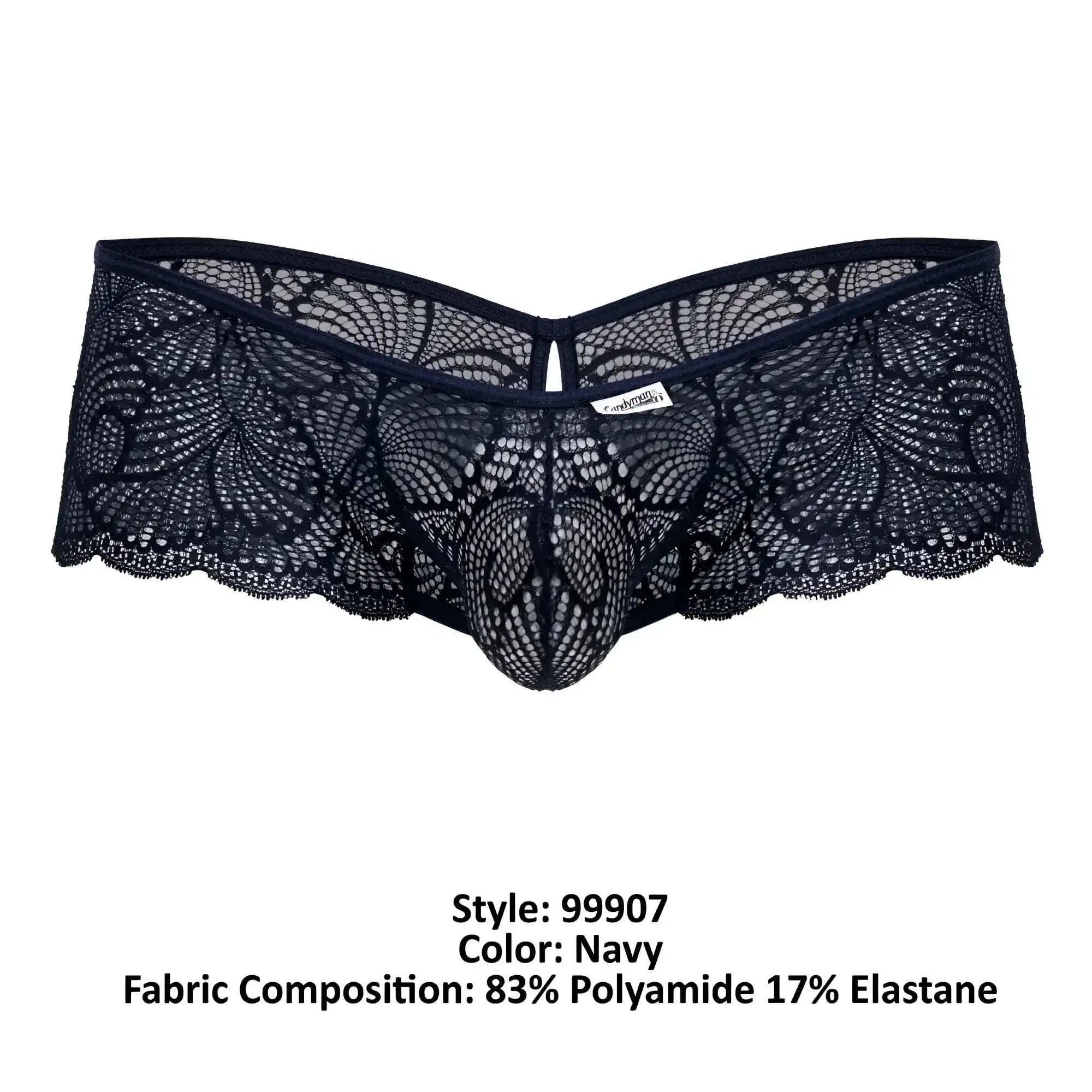 Navy lace trunks for men with intricate floral patterns and central mesh design by CandyMan 99907