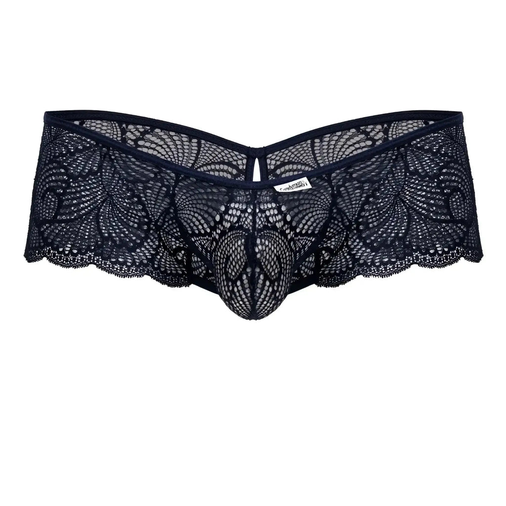 CandyMan 99907 lace trunks in navy featuring black lace with intricate floral patterns and central mesh design