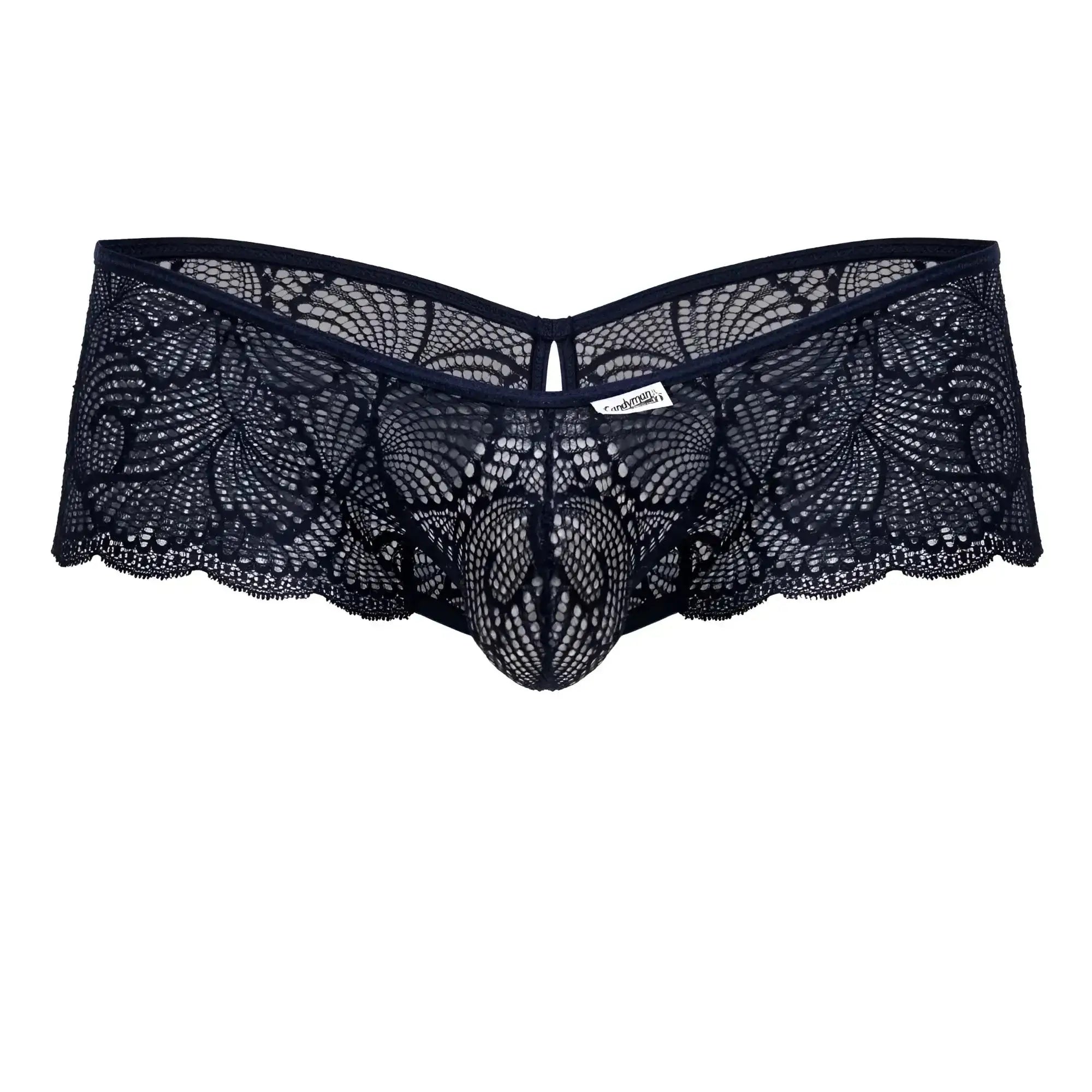 CandyMan 99907 lace trunks in navy featuring black lace with intricate floral patterns and central mesh design